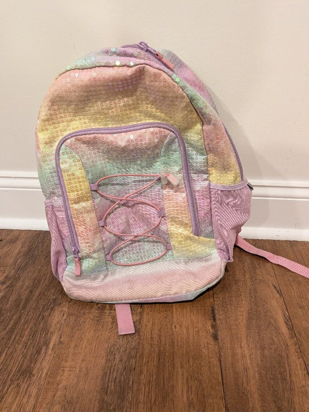 Target backpack - pink yellow sequins, 16"x12"x5"